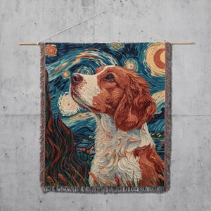 Brittany Spaniel Starry Night Art - Van Gogh Inspired Woven Blanket, Unique Artistic Decor, Perfect for Dog Lovers