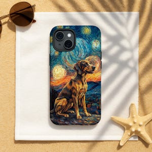 May include: A phone case featuring a dog illustration set against a backdrop inspired by Van Gogh's "Starry Night." The case showcases a brown and tan dog with a detailed, artistic rendering of the famous painting's swirling sky and landscape.