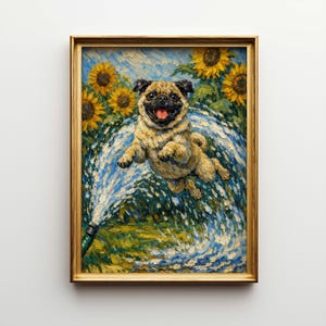 May include: A framed painting of a pug dog jumping through water from a hose, with sunflowers in the background. The painting has a textured, impressionistic style with a gold frame.