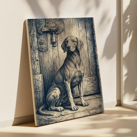 Vizsla Dog Vintage Occult Engraving Blue Ink Etching, Large Poster