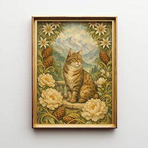 May include: A framed art print featuring a tabby cat with green eyes, seated on a stone ledge. The background depicts a mountain landscape, framed by white flowers, pinecones, and foliage. The frame is gold.