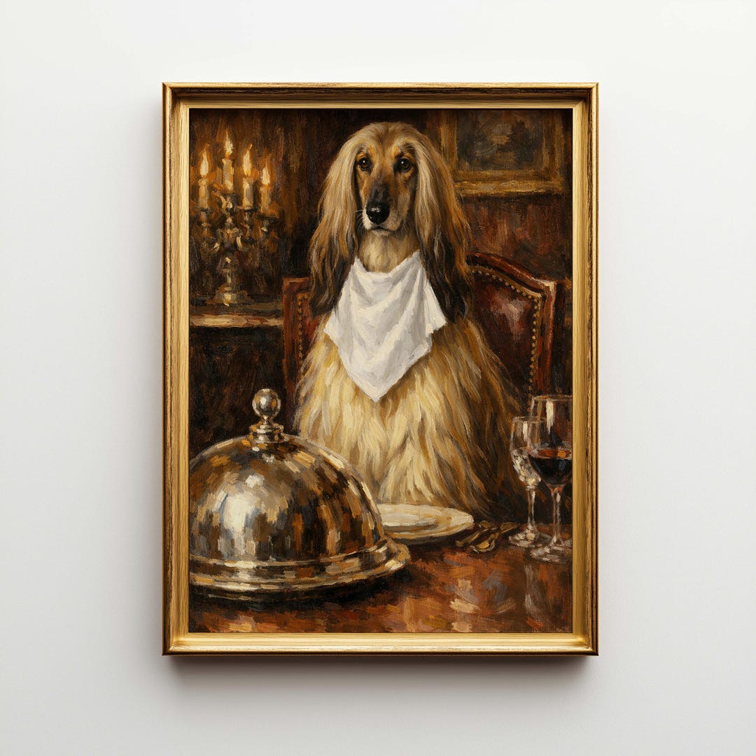 Afghan Hound Dog Oil Painting Framed Canvas Wall Art, Regal Pet Dining ...