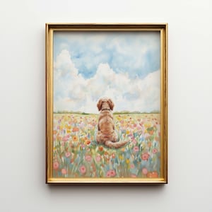 May include: A framed watercolor painting of a dog sitting in a field of colorful flowers, facing away from the viewer. The sky is blue with fluffy white clouds. The frame is gold.