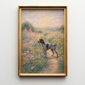 Peut inclure: Peinture encadrée d'un chien brun et blanc sur un sentier fleuri. L'œuvre est dans un cadre doré, avec un ciel aux couleurs pastel en arrière-plan. La scène évoque la sérénité et la nature.