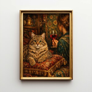 May include: A framed painting depicts a tabby cat resting on a decorative pillow. A person holds a glass of red wine. The artwork has a warm color palette with gold, brown, and red tones. The cat has green eyes.