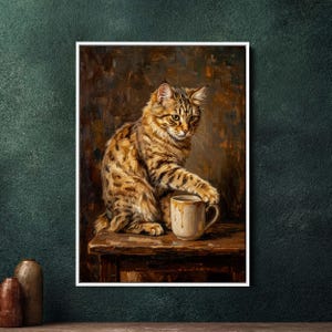 Może przedstawiać: Oprawiony wydruk artystyczny przedstawiający kota sięgającego po filiżankę kawy. Kot ma brązowo-czarne prążkowane futro i siedzi na drewnianym stole. Kubek jest beżowy z brązowymi kroplami. Tło jest ciemnobrązowe.