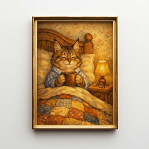 May include: A framed painting depicts a tabby cat in blue striped pajamas, holding a mug in bed. The cat is under a patchwork quilt, with a lit lamp and glasses on a nightstand. The artwork has a warm, cozy feel.