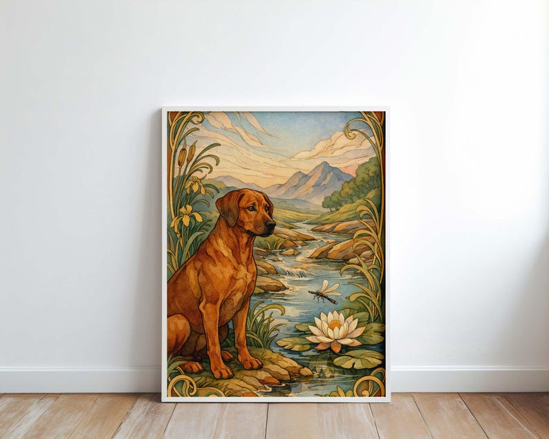 Rhodesian Ridgeback Art Base Art Nouveau Rhodesian Ridgeback Poster and Canvas, Large Dog Wall Art ...