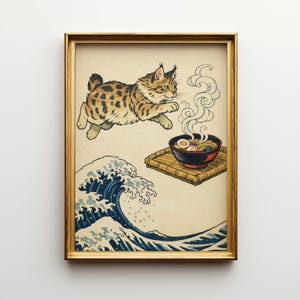 May include: A framed art print featuring a stylized illustration of a cat leaping towards a bowl of ramen. The artwork incorporates elements of Japanese art, including a large wave and a bamboo mat.