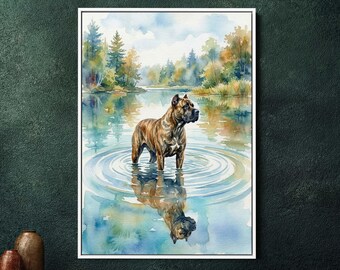 Inramad canvastavla för hunden Presa Canario, stort hundporträtt, canvastavla av svart cane corso, heminredning för hundälskare