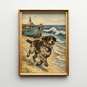 May include: A framed watercolor print depicts a dog running on a sandy beach with a blue boat and ocean waves in the background. The dog has brown and white fur and a red collar. The artwork is in a gold frame.