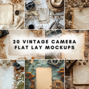 May include: A collage of vintage-themed flat lay mockups featuring old cameras, aged paper, dried flowers, and other decorative elements. The text "20 VINTAGE CAMERA FLAT LAY MOCKUPS" is displayed in the center. The overall aesthetic is rustic and nostalgic.