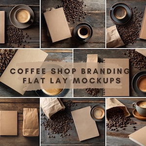 Peut inclure: Plusieurs maquettes de branding de café avec des tasses à café, des cahiers, des sacs en papier et des grains de café sur une surface en bois sombre. Le texte "COFFEE SHOP BRANDING FLAT LAY MOCKUPS" est visible.