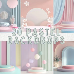 Puede incluir: Una colección de 20 fondos de color pastel con diversas formas, texturas y diseños. Los fondos incluyen un fondo a rayas rosa y azul, un fondo con un círculo blanco grande, un fondo con un arco rosa y azul y un fondo con una serie de bolas de color pastel colgando del techo. Los fondos son perfectos para la fotografía de productos o para crear una estética caprichosa y de ensueño.