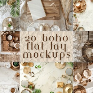 Könnte beinhalten: 20 Boho Flat Lay Mockups mit verschiedenen Texturen und Farben, darunter Naturholz, geflochtene Körbe, getrocknete Blumen und Grünpflanzen. Die Mockups sind perfekt, um Produkte oder Marken zu präsentieren.