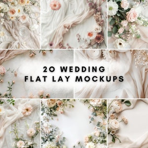 May include: 20 wedding flat lay mockups featuring a variety of floral arrangements with white and pink flowers, greenery, and delicate fabric overlays on a white background.
