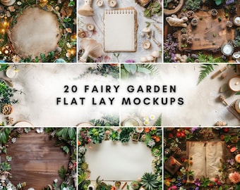 May include: Twenty fairy garden flat lay mockups featuring various natural elements, including greenery, flowers, wood, and candles. The mockups are perfect for showcasing small items, such as jewelry, candles, or other crafts.