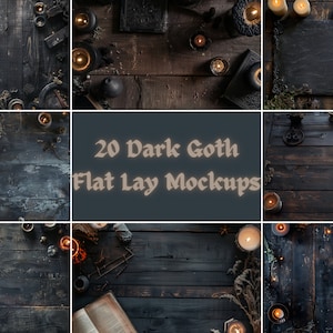 May include: 20 dark gothic flat lay mockups featuring various textures and props, including candles, books, and dried flowers.  These mockups are perfect for showcasing your products in a moody and atmospheric setting.