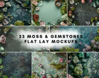 23 Moss and Gemstones Flat Lay Mockup Bundle | Digital Background Mock up | Product Backdrops
