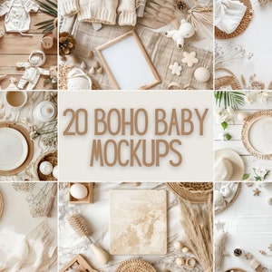 20 Pacote de maquete Boho Baby Flat Lay | Maquete de fundo digital | Cenários do produto