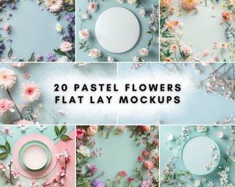 20 Pastel Flowers Flat Lay Mockup Bundle | Digital Background Mock up | Product Backdrops