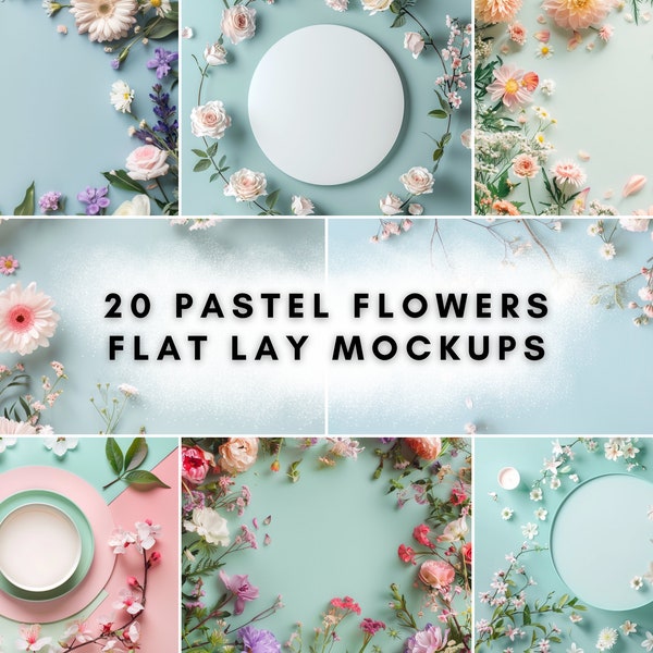 20 Pastel Flowers Flat Lay Mockup Bundle | Digital Background Mock up | Product Backdrops