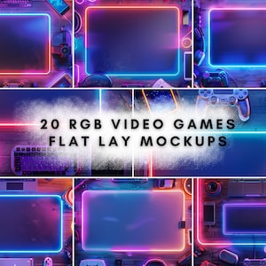 Può includere: 20 Mockup di layout piatto per videogiochi RGB. Una collezione di 20 mockup che presentano cornici color neon su una superficie in legno con accessori per il gioco, tra cui controller, tastiere e cuffie.
