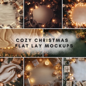 以下が含まれることがあります： 居心地の良いクリスマスのフラットレイモックアップ。茶色の毛布、白い表面、緑の葉など、さまざまなテクスチャと色が使われています。モックアップには、ストリングライト、ギフトボックス、その他のフェスティブな装飾が含まれています。