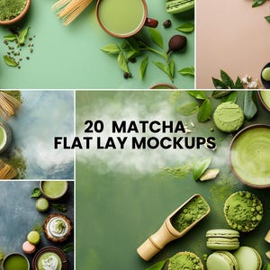 Könnte beinhalten: Eine Flat-Lay-Komposition mit Matcha-Themen. Das Bild zeigt Schalen mit Matcha-Pulver und -Flüssigkeit, Matcha-Quirlen, Macarons und Teetassen. Die Farbpalette ist überwiegend grün und braun, mit dem Text "20 Matcha Flat Lay Mockups".