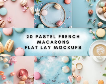 20 Pastel French Macarons Flat Lay Mockup Bundle | Digital Background Mock up | Product Backdrops