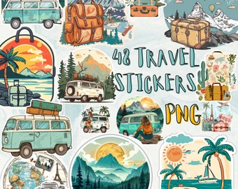 48 Travel Stickers PNG |  Travel Clipart | Travel Illustrations | Nature, Luggage, Mountains | Instant Download for Commercial Use