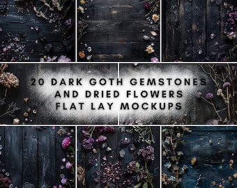 20 Goth Gemstones & Dried Flowers Flat Lay Mockup Bundle | Digital Background Mock up | Product Backdrops