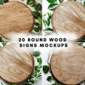 May include: Four round wooden signs with a natural wood grain finish. Each sign is surrounded by green leaves and white flowers. The signs are perfect for displaying text or images.