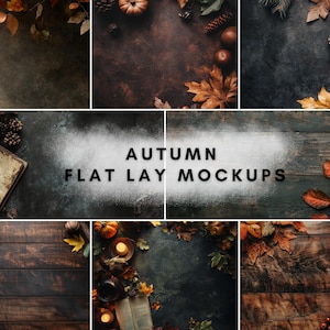 Op de afbeelding: Een verzameling van zes herfst-thema flat lay mockups met verschillende texturen en kleuren. De mockups omvatten een donkerbruine achtergrond met herfstbladeren, een lichtbruine houten achtergrond met herfstbladeren, een donkergrijze achtergrond met herfstbladeren, een donkergroene achtergrond met herfstbladeren, een lichtbruine houten achtergrond met herfstbladeren en een donkerbruine achtergrond met herfstbladeren.