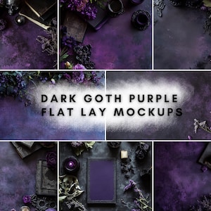 May include: A set of 10 dark purple flat lay mockups featuring various textures and props, including flowers, books, and candles. The text "DARK GOTH PURPLE FLAT LAY MOCKUPS" is displayed in the centre of the image.