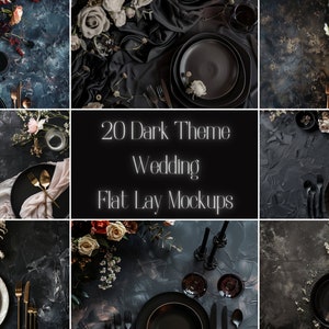 Könnte beinhalten: 20 dunkle Hochzeitsthemen-Flatlays mit schwarzen Tellern, goldenem Besteck und Blumenarrangements auf einem dunkelgrauen, strukturierten Hintergrund.