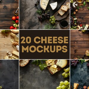 May include: 20 Cheese Mockups - A collection of images featuring various types of cheese, grapes, and other food items arranged on wooden and textured surfaces. The images are ideal for showcasing cheese products in a visually appealing way.