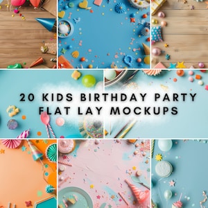 Puede incluir: Una colección de 20 maquetas de plano de colocación con diversas decoraciones de fiesta de cumpleaños coloridas, incluyendo confeti, globos, velas y cupcakes. Las maquetas son perfectas para mostrar productos o crear diseños festivos.