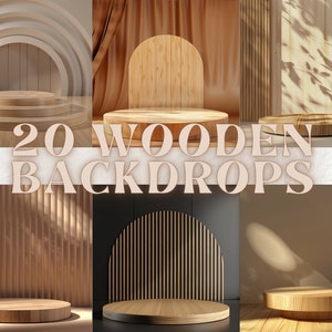 Puede incluir: 20 fondos de madera que presentan diversas texturas y patrones de madera, incluyendo un arco circular, paneles de madera a rayas y un panel de madera curvo. Cada fondo incluye una plataforma de madera para la exhibición de productos.