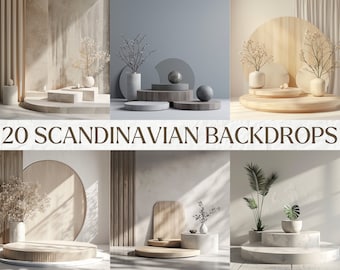 May include: A collection of 20 Scandinavian-style backdrops featuring various textures and colors, including wood, stone, and concrete. Each backdrop includes a circular platform for product display, with some featuring additional platforms and decorative elements like dried flowers and vases.