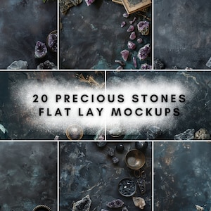 以下が含まれることがあります： 20種類の貴重な石のフラットレイモックアップ。暗い質感のある背景に、さまざまな貴重な石やクリスタルが配置された画像のコレクションです。ジュエリー、クリスタル、その他の小さなアイテムを展示するのに最適です。
