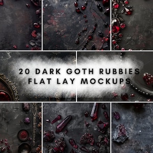 May include: A collection of dark, gothic-themed mockups featuring jewelry and crystals with a deep red color scheme. The text "20 DARK GOTH RUBBIES FLAT LAY MOCKUPS" is displayed in the center, with a dark, textured background.