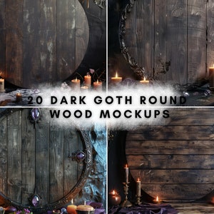 以下が含まれることがあります： 20個の暗いゴシック調の丸い木製モックアップ。キャンドルと紫色のアクセントが施されています。木は濃い茶色で、使い古したような外観です。キャンドルは灯されており、炎は温かい光を放っています。