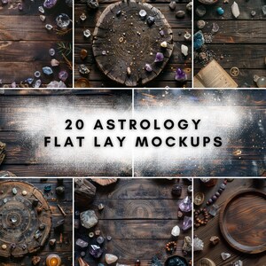 Puede incluir: 20 maquetas de diseño plano de astrología con una variedad de cristales, piedras y otros objetos místicos sobre un fondo de madera. Las imágenes son perfectas para crear contenido de redes sociales o materiales de marketing para tu negocio de astrología o metafísica.
