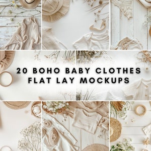 Peut inclure: 20 Mockups de vêtements pour bébé bohèmes en aplat. Une collection de mockups en aplat mettant en scène divers vêtements pour bébé, notamment des bodys, des barboteuses et des pulls, stylisés avec des éléments naturels comme des fleurs séchées, des chapeaux de paille et des accents en bois. Les mockups sont parfaits pour mettre en valeur les designs de vêtements pour bébé.
