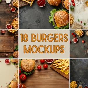 May include: 18 burger mockups featuring various burger toppings, sauces, and french fries on different backgrounds. The mockups are perfect for showcasing your burger creations.