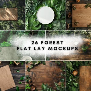 以下が含まれることがあります： 26種類の森のフラットレイモックアップ。さまざまな木製の表面、緑、自然な要素が特徴です。これらのモックアップは、製品の展示、ブランディング、視覚コンテンツの作成に最適です。