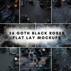 以下が含まれることがあります： 26 ゴシックブラックローズフラットレイモックアップ。黒いバラ、キャンドル、その他のゴシック要素をフィーチャーしたフラットレイモックアップのコレクション。不気味でエレガントな製品写真の作成に最適です。
