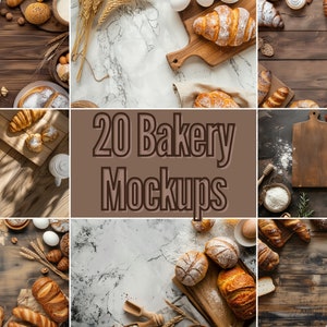 May include: A collage of 20 images showcasing various bakery items, including bread, pastries, and croissants, arranged on different surfaces like wood, marble, and fabric. The images are ideal for use as mockups for bakery products.