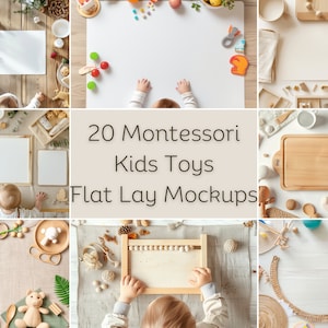 20 pacchetti di mockup flat lay per giocattoli Montessori per bambini / Mock up di sfondo digitale / Fondali del prodotto